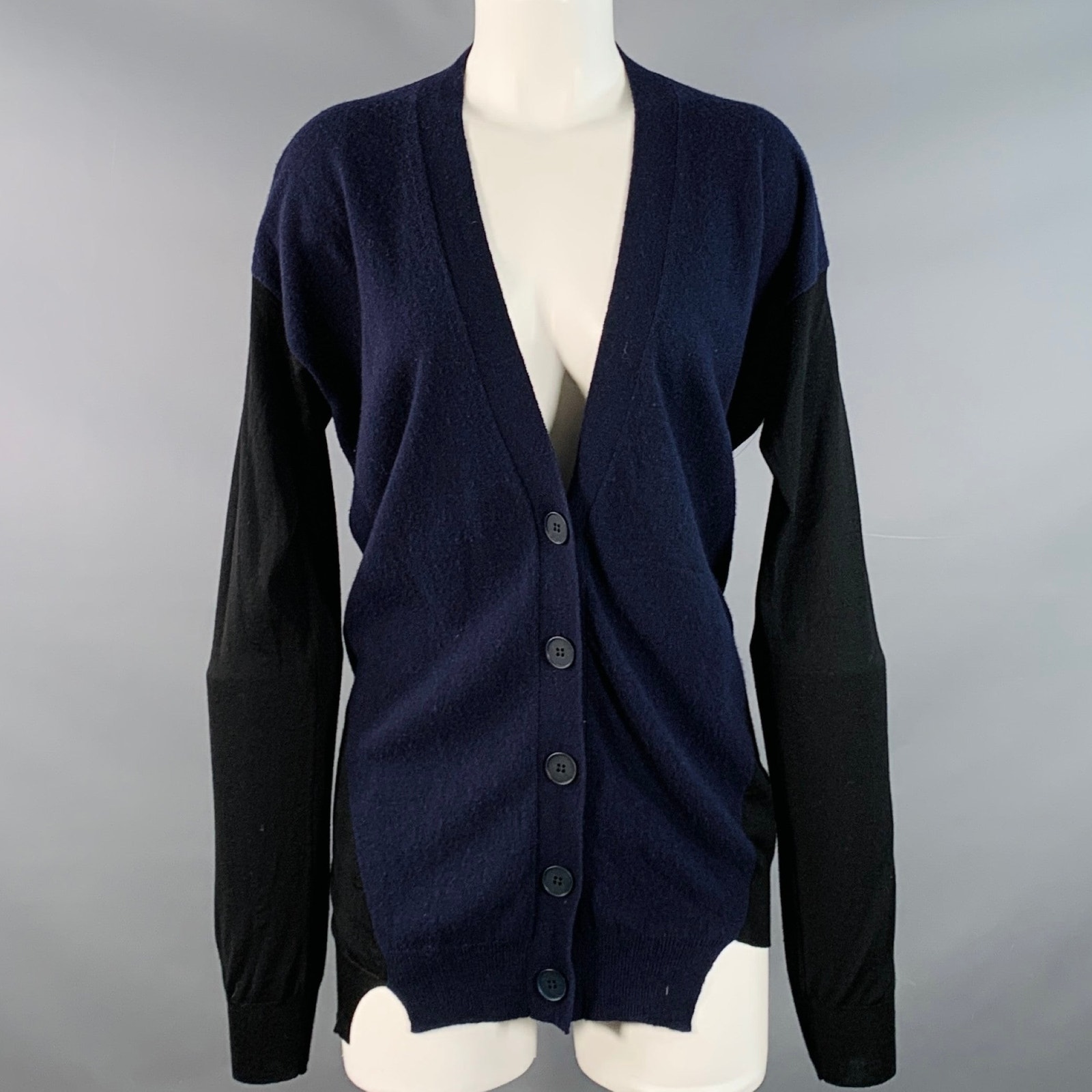 Stella Mccartney Size 8 Navy Black Virgin Wool Two Tone V-Neck Cardigan